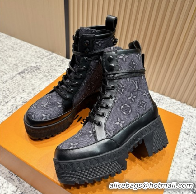 Popular Style Louis Vuitton Laureate Platform Desert Ankle Boots in Monogram Denim 7cm LV111903 Black