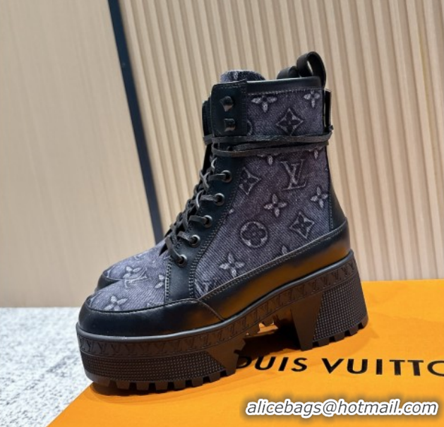 Popular Style Louis Vuitton Laureate Platform Desert Ankle Boots in Monogram Denim 7cm LV111903 Black