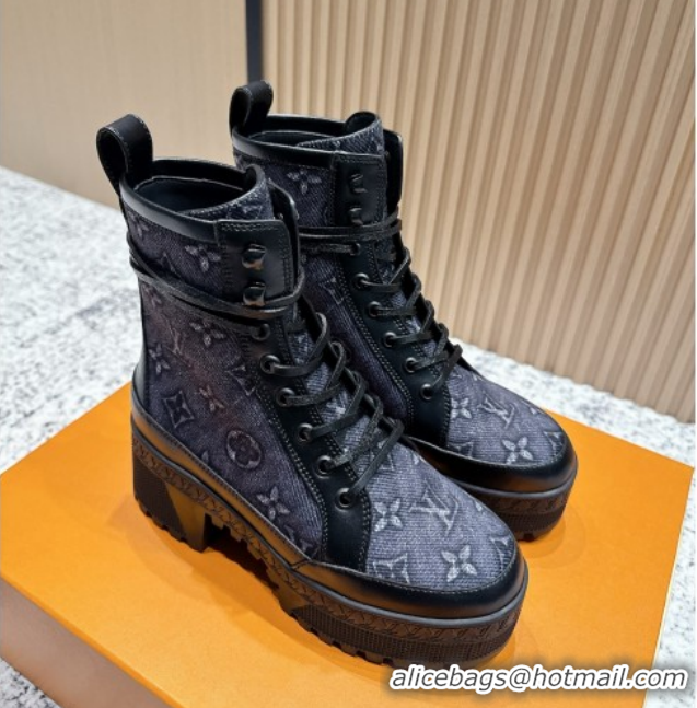 Popular Style Louis Vuitton Laureate Platform Desert Ankle Boots in Monogram Denim 7cm LV111903 Black