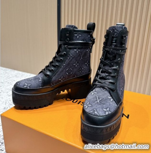 Popular Style Louis Vuitton Laureate Platform Desert Ankle Boots in Monogram Denim 7cm LV111903 Black