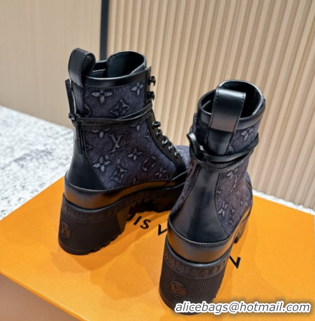 Popular Style Louis Vuitton Laureate Platform Desert Ankle Boots in Monogram Denim 7cm LV111903 Black