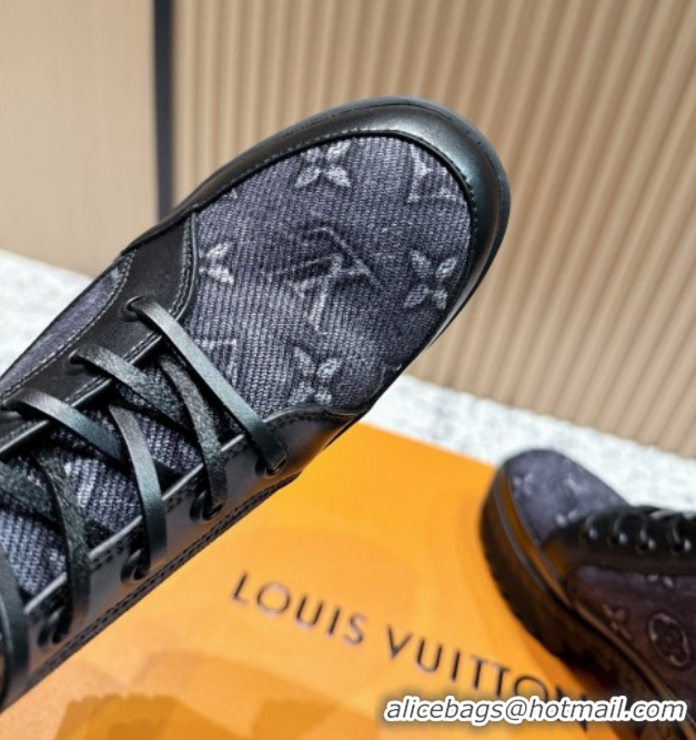 Popular Style Louis Vuitton Laureate Platform Desert Ankle Boots in Monogram Denim 7cm LV111903 Black