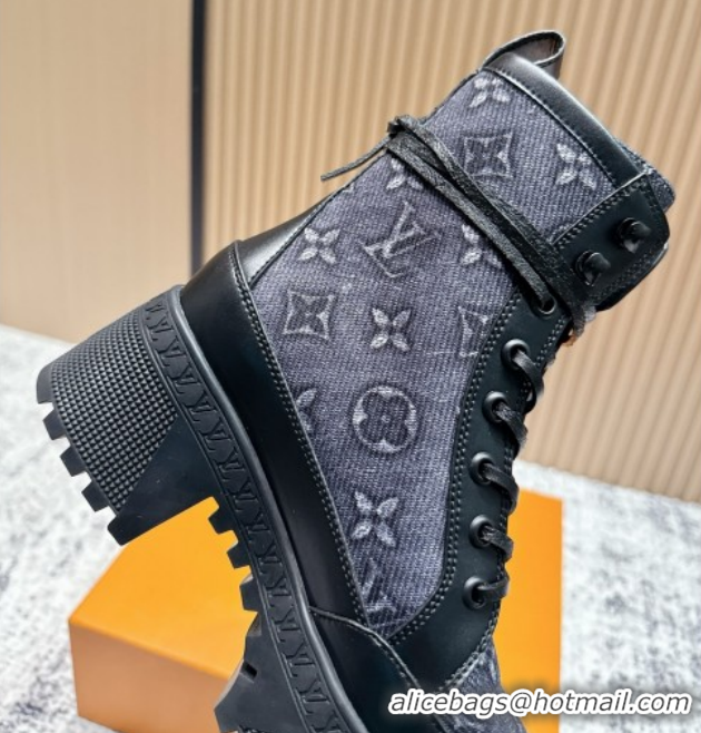 Popular Style Louis Vuitton Laureate Platform Desert Ankle Boots in Monogram Denim 7cm LV111903 Black