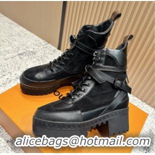 Comfortable Louis Vuitton Laureate Platform Desert Ankle Boots in Suede & Calfskin 7cm LV111904 Black