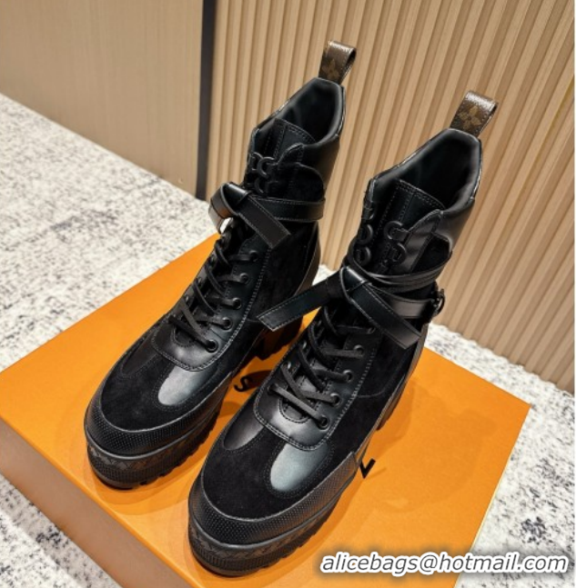 Comfortable Louis Vuitton Laureate Platform Desert Ankle Boots in Suede & Calfskin 7cm LV111904 Black