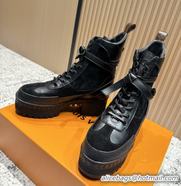 Comfortable Louis Vuitton Laureate Platform Desert Ankle Boots in Suede & Calfskin 7cm LV111904 Black