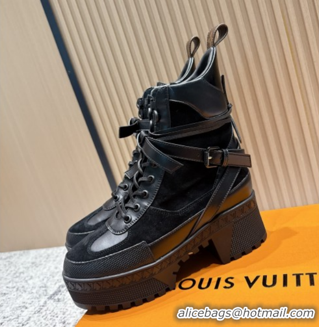 Comfortable Louis Vuitton Laureate Platform Desert Ankle Boots in Suede & Calfskin 7cm LV111904 Black