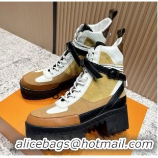 Luxurious Louis Vuitton Laureate Platform Desert Ankle Boots in Suede & Calfskin 7cm LV111905 Brown/Beige