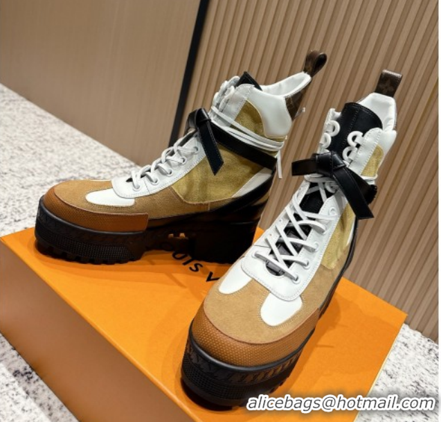 Luxurious Louis Vuitton Laureate Platform Desert Ankle Boots in Suede & Calfskin 7cm LV111905 Brown/Beige