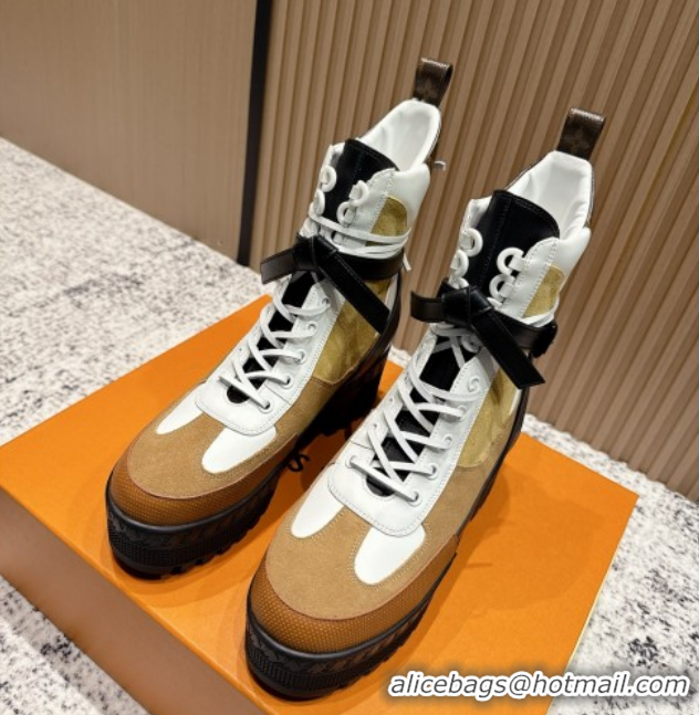 Luxurious Louis Vuitton Laureate Platform Desert Ankle Boots in Suede & Calfskin 7cm LV111905 Brown/Beige