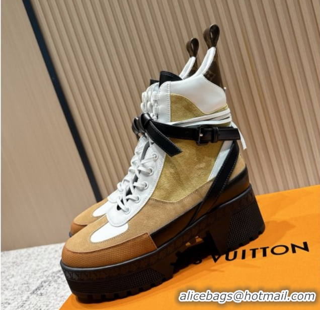 Luxurious Louis Vuitton Laureate Platform Desert Ankle Boots in Suede & Calfskin 7cm LV111905 Brown/Beige