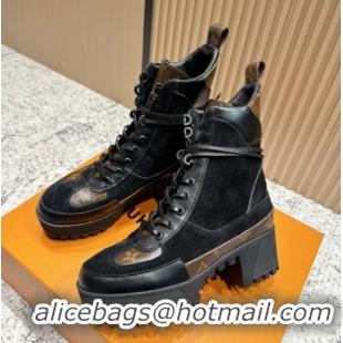 Good Quality Louis Vuitton Laureate Platform Desert Ankle Boots in Monogram & Suede 7cm LV111911 Black