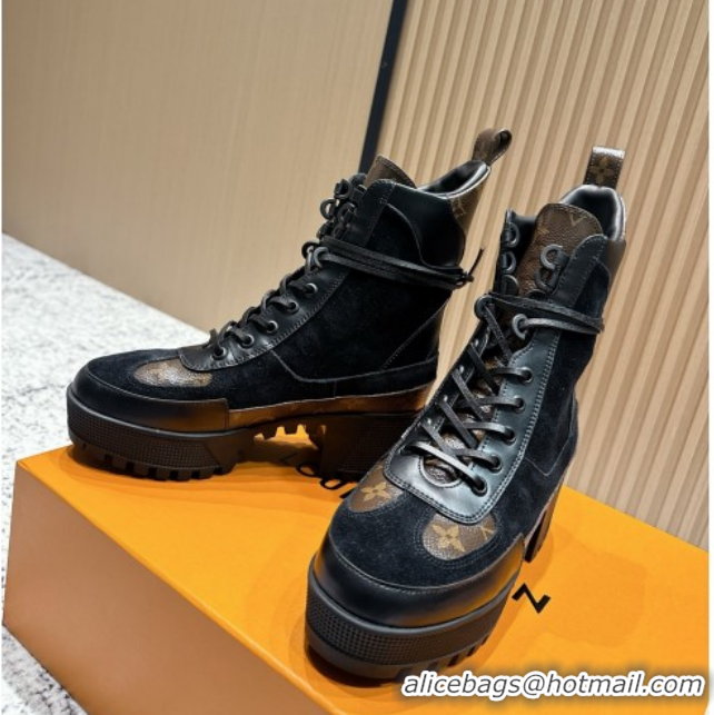 Good Quality Louis Vuitton Laureate Platform Desert Ankle Boots in Monogram & Suede 7cm LV111911 Black