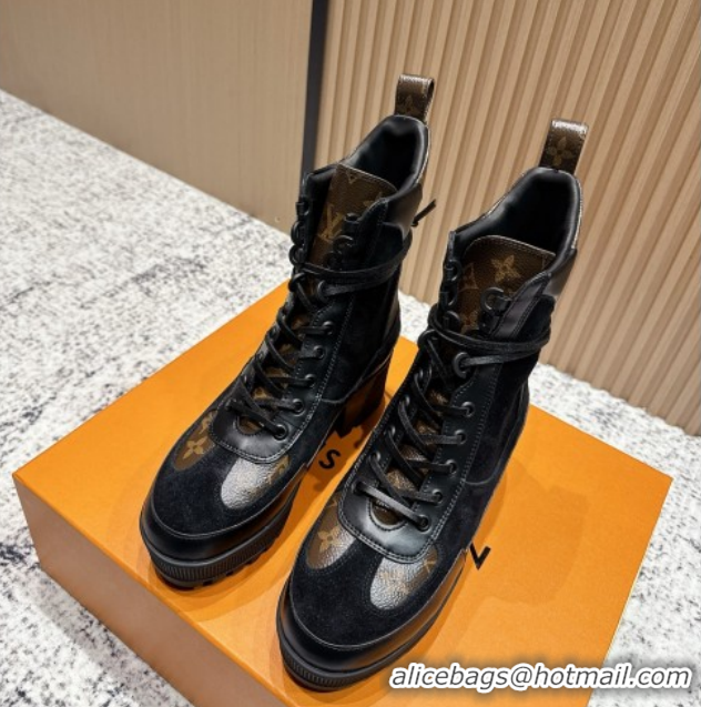 Good Quality Louis Vuitton Laureate Platform Desert Ankle Boots in Monogram & Suede 7cm LV111911 Black