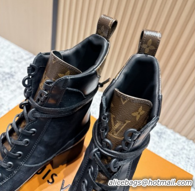 Good Quality Louis Vuitton Laureate Platform Desert Ankle Boots in Monogram & Suede 7cm LV111911 Black