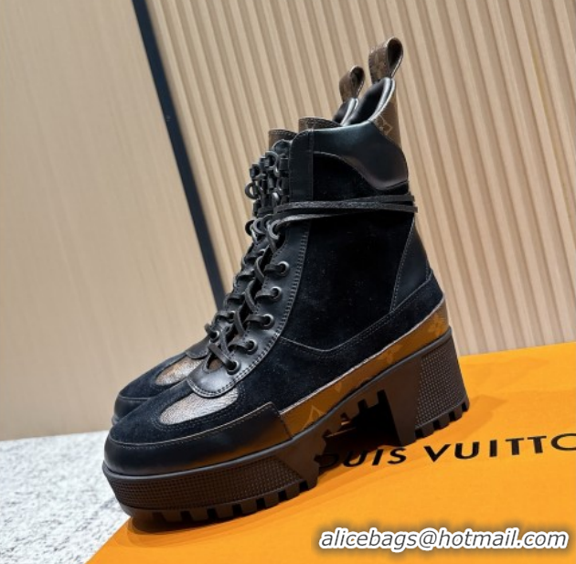 Good Quality Louis Vuitton Laureate Platform Desert Ankle Boots in Monogram & Suede 7cm LV111911 Black