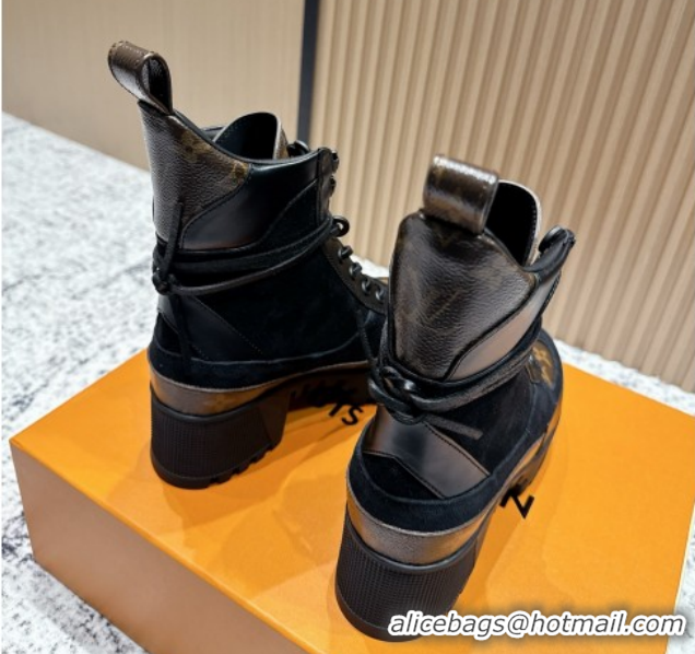 Good Quality Louis Vuitton Laureate Platform Desert Ankle Boots in Monogram & Suede 7cm LV111911 Black