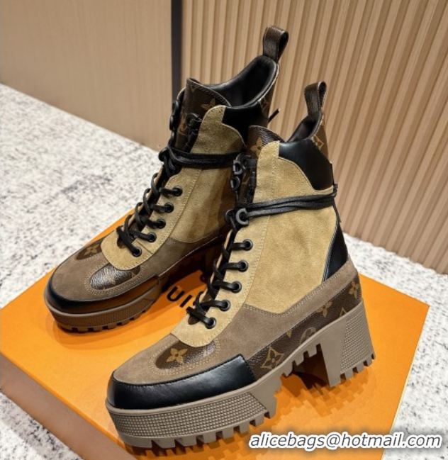 Stylish Louis Vuitton Laureate Platform Desert Ankle Boots in Monogram & Suede 7cm LV111912 Brown