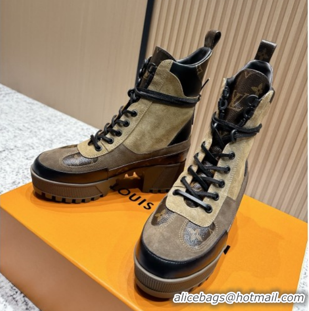 Stylish Louis Vuitton Laureate Platform Desert Ankle Boots in Monogram & Suede 7cm LV111912 Brown