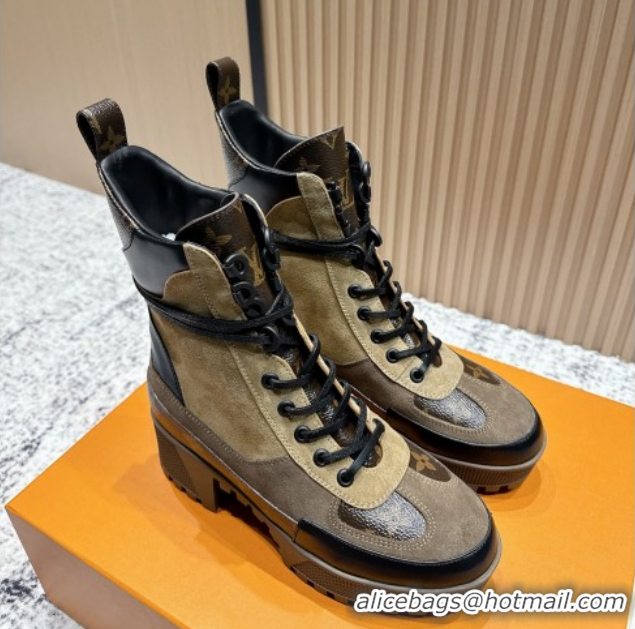 Stylish Louis Vuitton Laureate Platform Desert Ankle Boots in Monogram & Suede 7cm LV111912 Brown