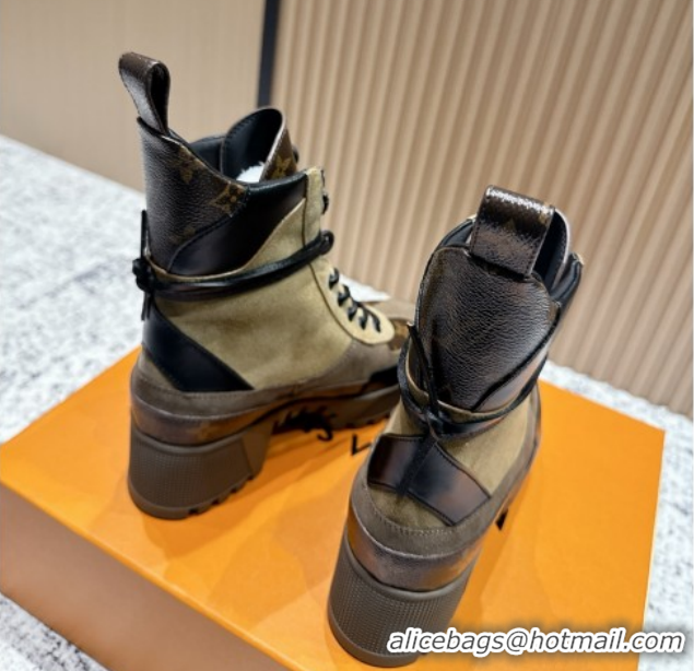 Stylish Louis Vuitton Laureate Platform Desert Ankle Boots in Monogram & Suede 7cm LV111912 Brown
