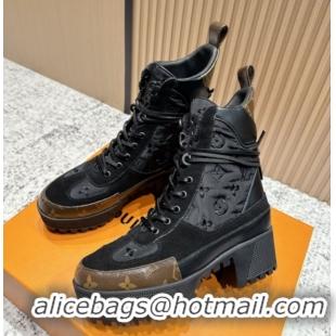 Sumptuous Louis Vuitton Laureate Platform Desert Ankle Boots in Monogram Fabric & Suede 7cm LV111913 Black