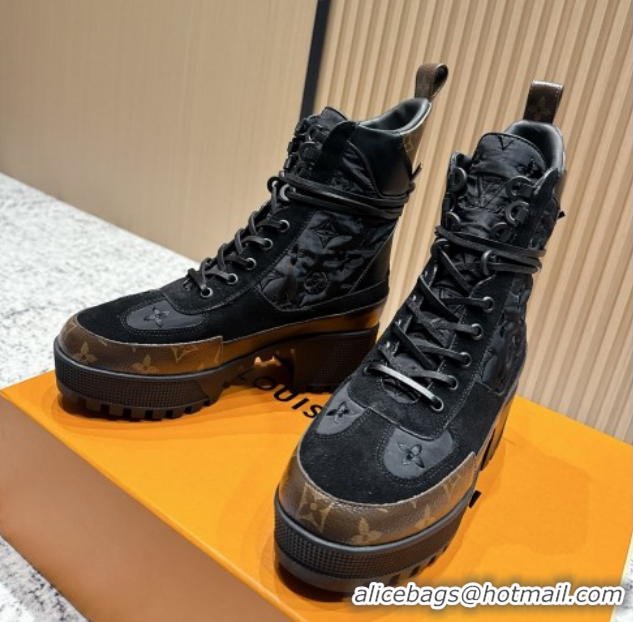 Sumptuous Louis Vuitton Laureate Platform Desert Ankle Boots in Monogram Fabric & Suede 7cm LV111913 Black