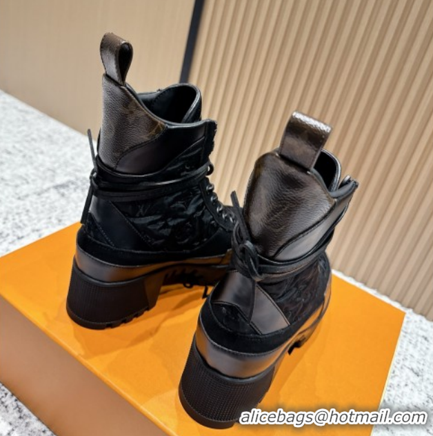 Sumptuous Louis Vuitton Laureate Platform Desert Ankle Boots in Monogram Fabric & Suede 7cm LV111913 Black