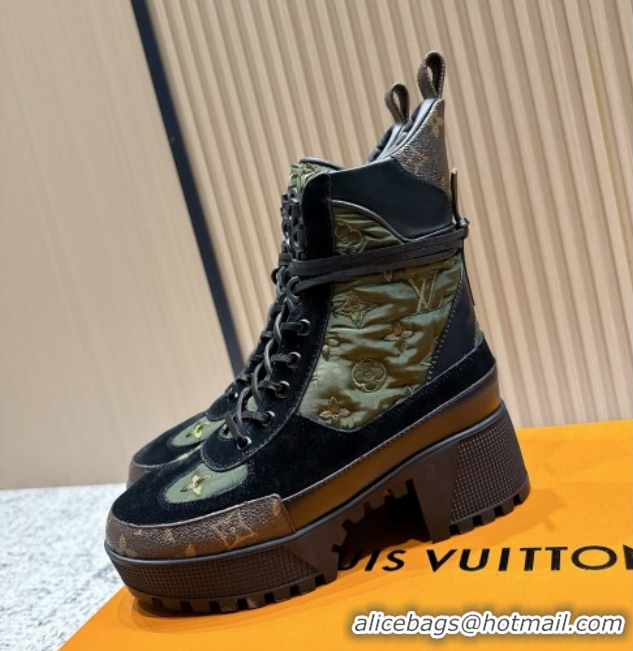 Perfect Louis Vuitton Laureate Platform Desert Ankle Boots in Monogram Fabric & Suede 7cm LV111914 Green