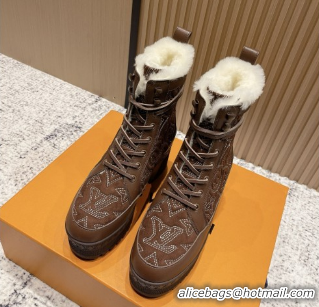 Best Grade Louis Vuitton Laureate Platform Desert Ankle Boots in Monogram Calfskin & Suede 7cm LV111916 Brown