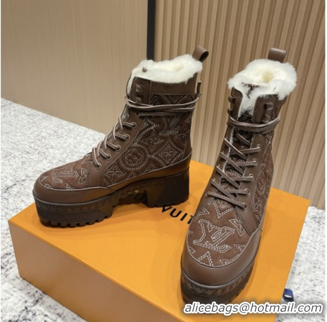 Best Grade Louis Vuitton Laureate Platform Desert Ankle Boots in Monogram Calfskin & Suede 7cm LV111916 Brown