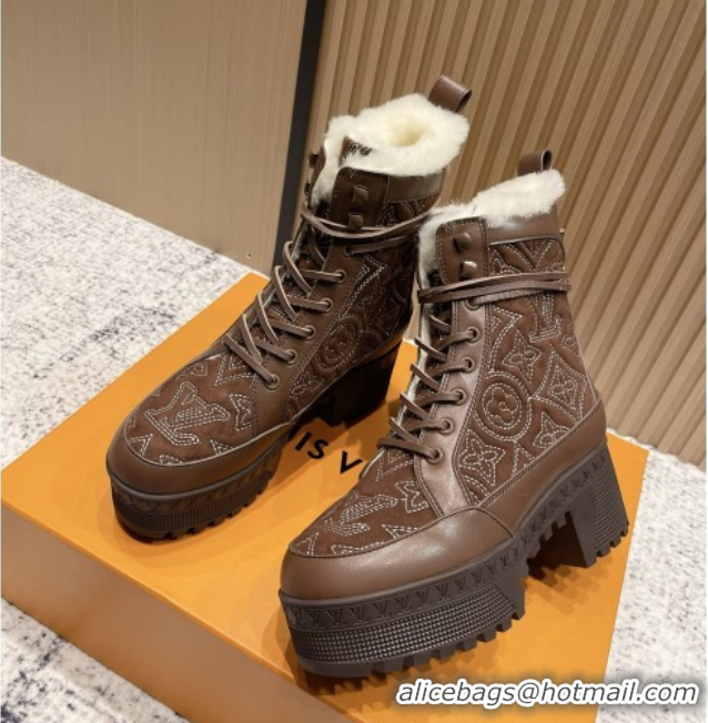 Best Grade Louis Vuitton Laureate Platform Desert Ankle Boots in Monogram Calfskin & Suede 7cm LV111916 Brown