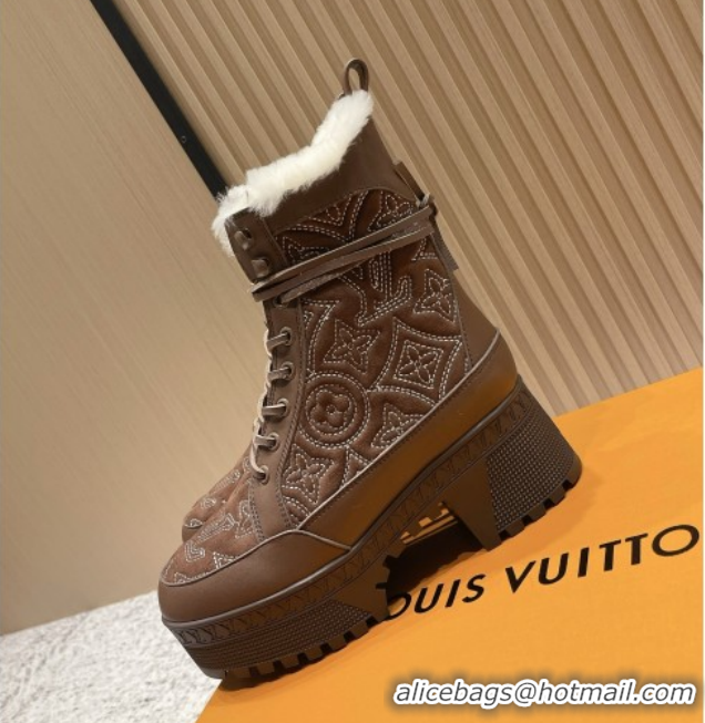 Best Grade Louis Vuitton Laureate Platform Desert Ankle Boots in Monogram Calfskin & Suede 7cm LV111916 Brown