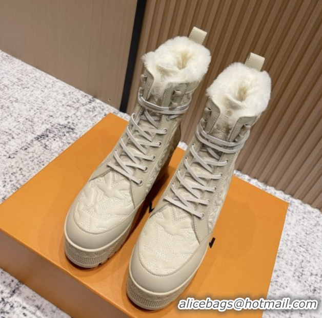 Top Design Louis Vuitton Laureate Platform Desert Ankle Boots in Monogram Calfskin & Suede 7cm LV111917 Beige