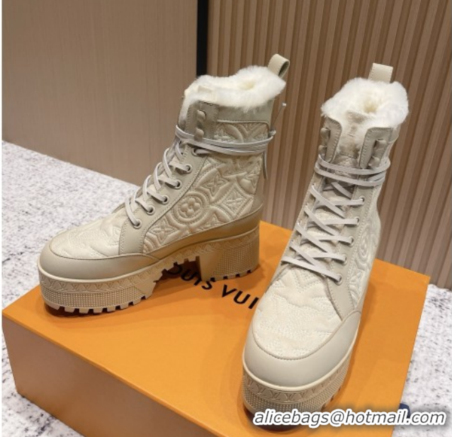 Top Design Louis Vuitton Laureate Platform Desert Ankle Boots in Monogram Calfskin & Suede 7cm LV111917 Beige