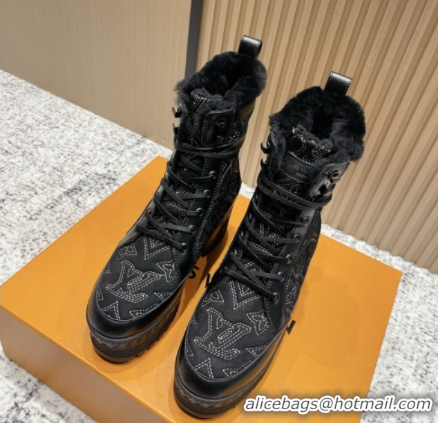 1:1 aaaaa Louis Vuitton Laureate Platform Desert Ankle Boots in Monogram Calfskin & Suede 7cm LV111918 Black