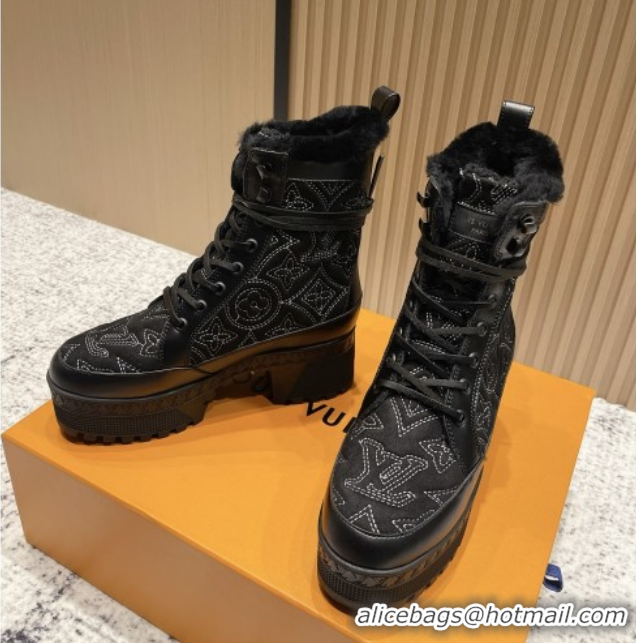 1:1 aaaaa Louis Vuitton Laureate Platform Desert Ankle Boots in Monogram Calfskin & Suede 7cm LV111918 Black