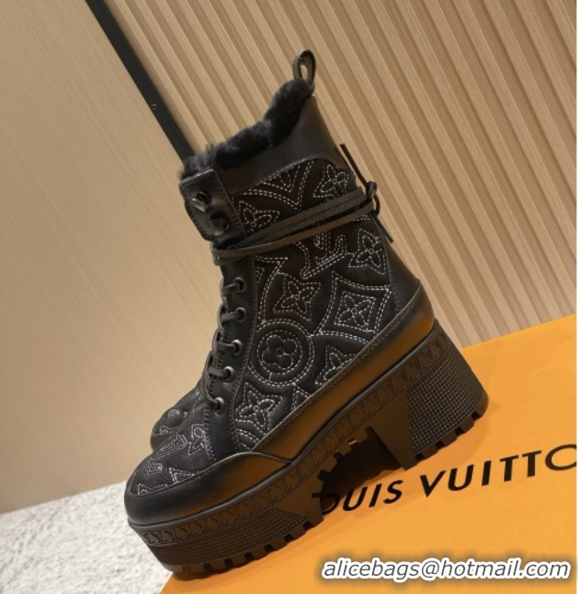 1:1 aaaaa Louis Vuitton Laureate Platform Desert Ankle Boots in Monogram Calfskin & Suede 7cm LV111918 Black