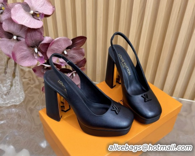 1:1 Louis Vuitton Swing Platform Slingbacks Pump 11cm in Calf Leather All Black 1AIDF8 1219045