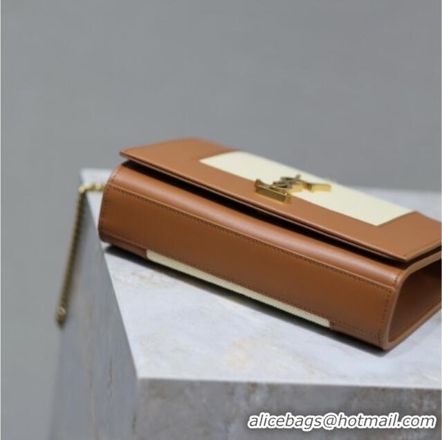 Top Quality Saint Laurent Kate Small Chain Bag in Cotton Linen and Leather 469390 Brown 2025