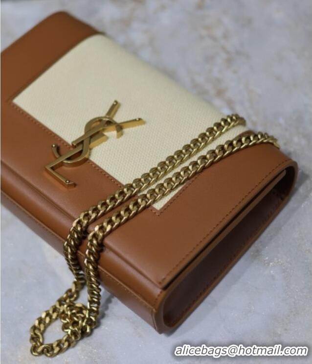 Top Quality Saint Laurent Kate Small Chain Bag in Cotton Linen and Leather 469390 Brown 2025