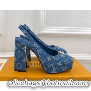 Popular Style Louis Vuitton Swing Platform Slingbacks Pump 11cm in Blue Denim 1AIDF8 1219062