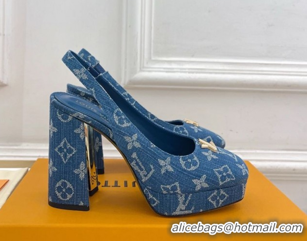 Popular Style Louis Vuitton Swing Platform Slingbacks Pump 11cm in Blue Denim 1AIDF8 1219062