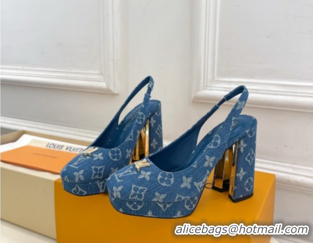 Popular Style Louis Vuitton Swing Platform Slingbacks Pump 11cm in Blue Denim 1AIDF8 1219062
