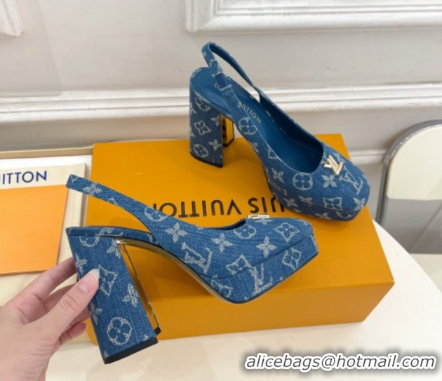 Popular Style Louis Vuitton Swing Platform Slingbacks Pump 11cm in Blue Denim 1AIDF8 1219062