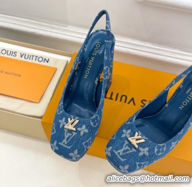 Popular Style Louis Vuitton Swing Platform Slingbacks Pump 11cm in Blue Denim 1AIDF8 1219062