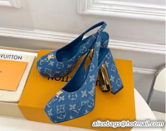 Popular Style Louis Vuitton Swing Platform Slingbacks Pump 11cm in Blue Denim 1AIDF8 1219062
