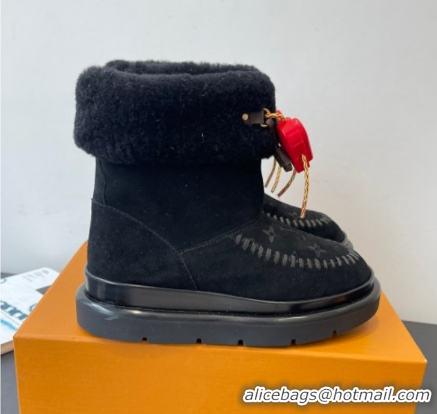 Luxury Cheap Louis Vuitton Cortina Platform Ankle Boots in Suede and Wool Black 1AIUEY 1219066