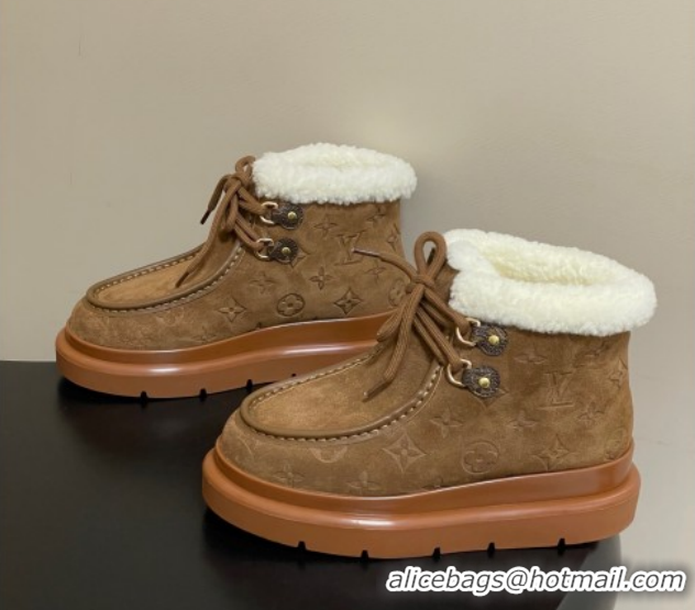 Top Grade Louis Vuitton Cortina Platform Low Boots 5cm in Suede and Wool Brown 1AIUFW 1219070