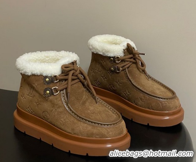 Top Grade Louis Vuitton Cortina Platform Low Boots 5cm in Suede and Wool Brown 1AIUFW 1219070